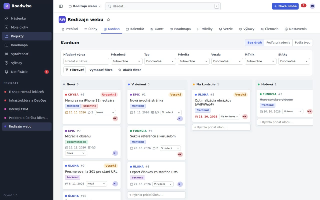 Kanban nástenka so stĺpcami Nová, V riešení, Na kontrole a Hotová a filtrami nad nimi