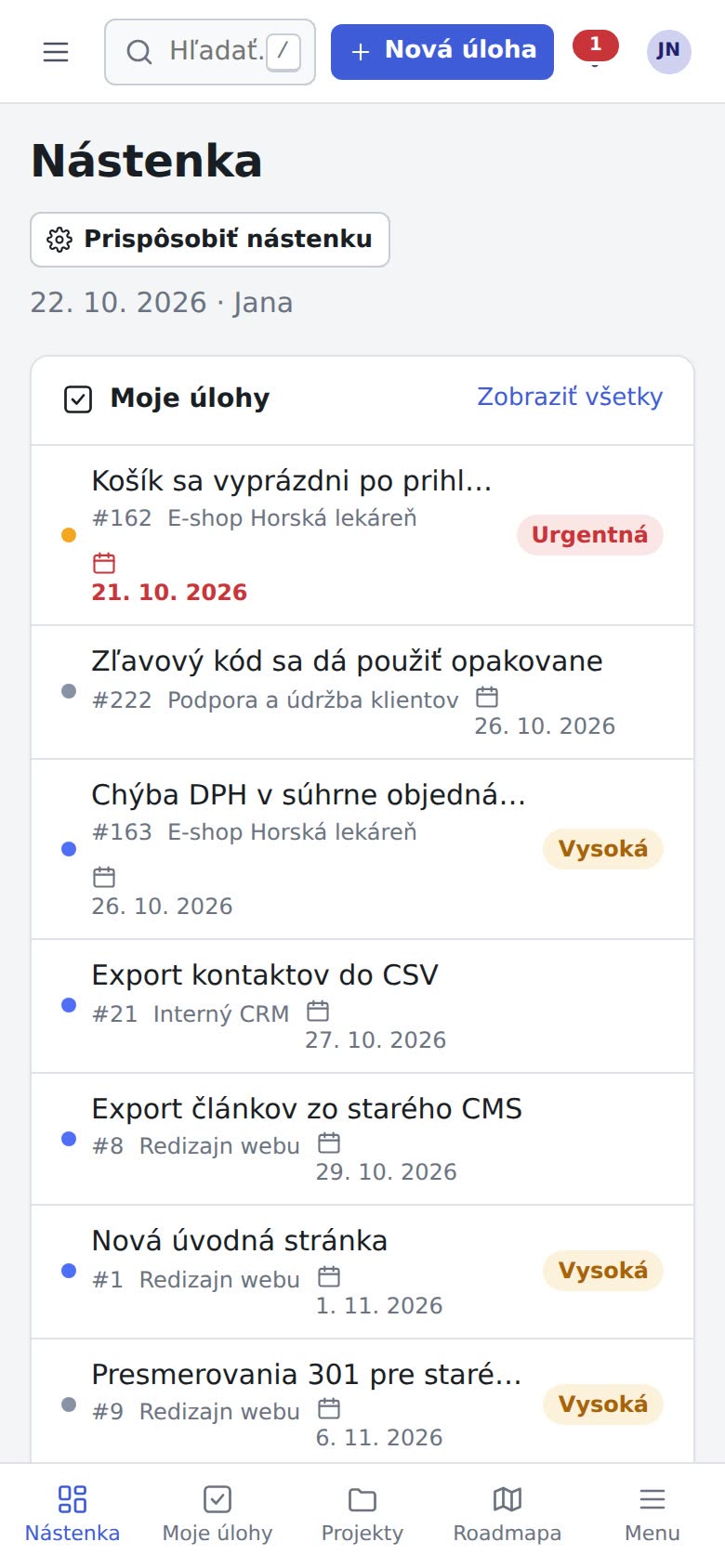 Nástenka Roadwise na telefóne so zoznamom mojich úloh a spodnou navigačnou lištou