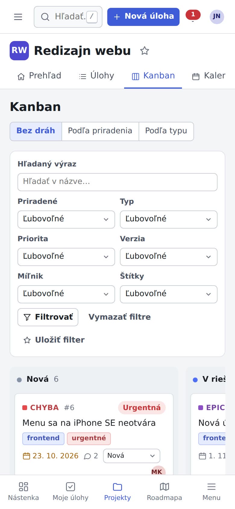 Kanban s filtrami na telefóne