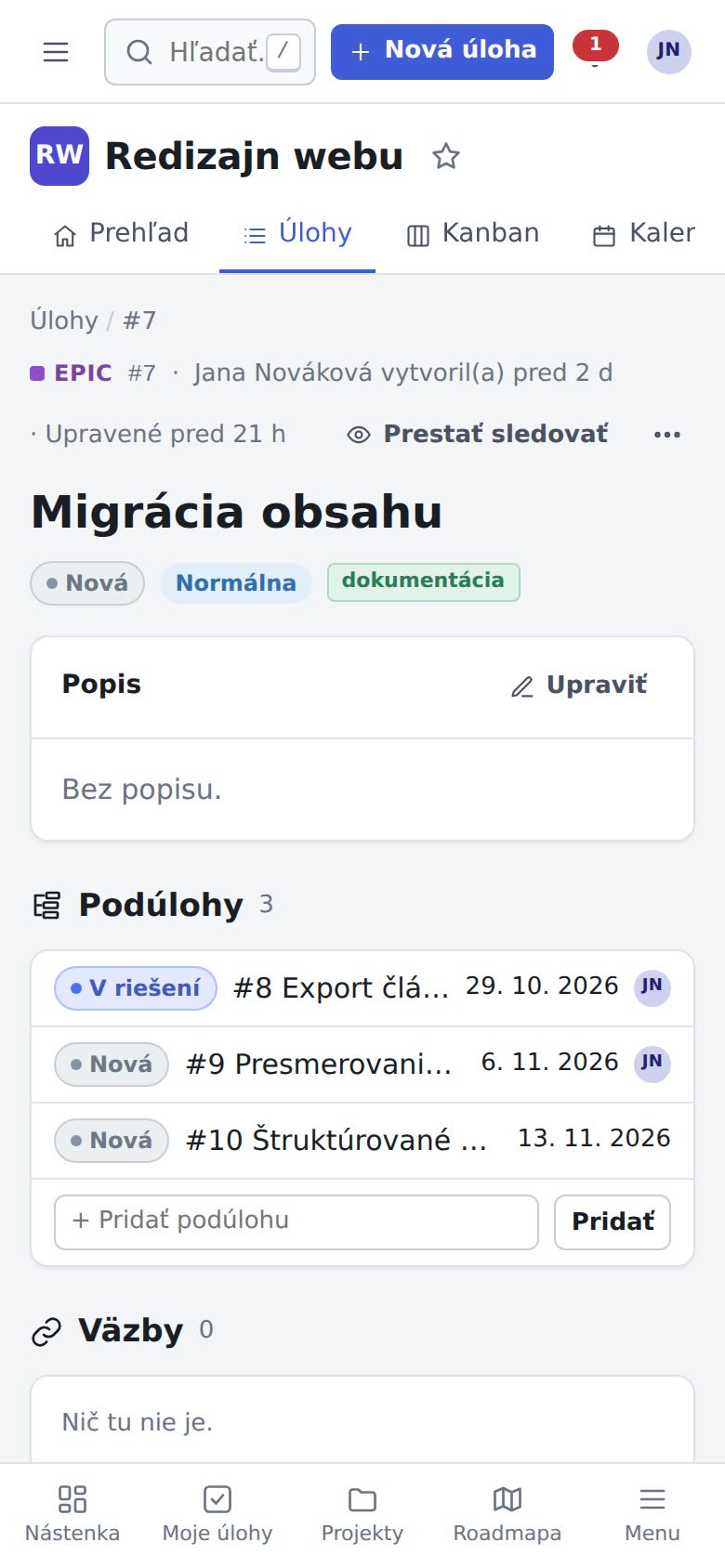 Detail úlohy na telefóne s popisom a podúlohami